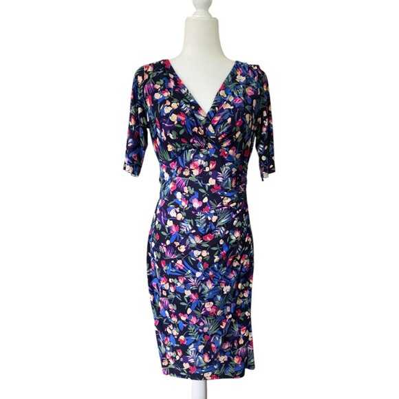 Lauren Ralph Lauren Dresses & Skirts - Lauren Ralph Lauren Midi Stretchy Dress Ruching Wrap V Neck Blue Floral 6